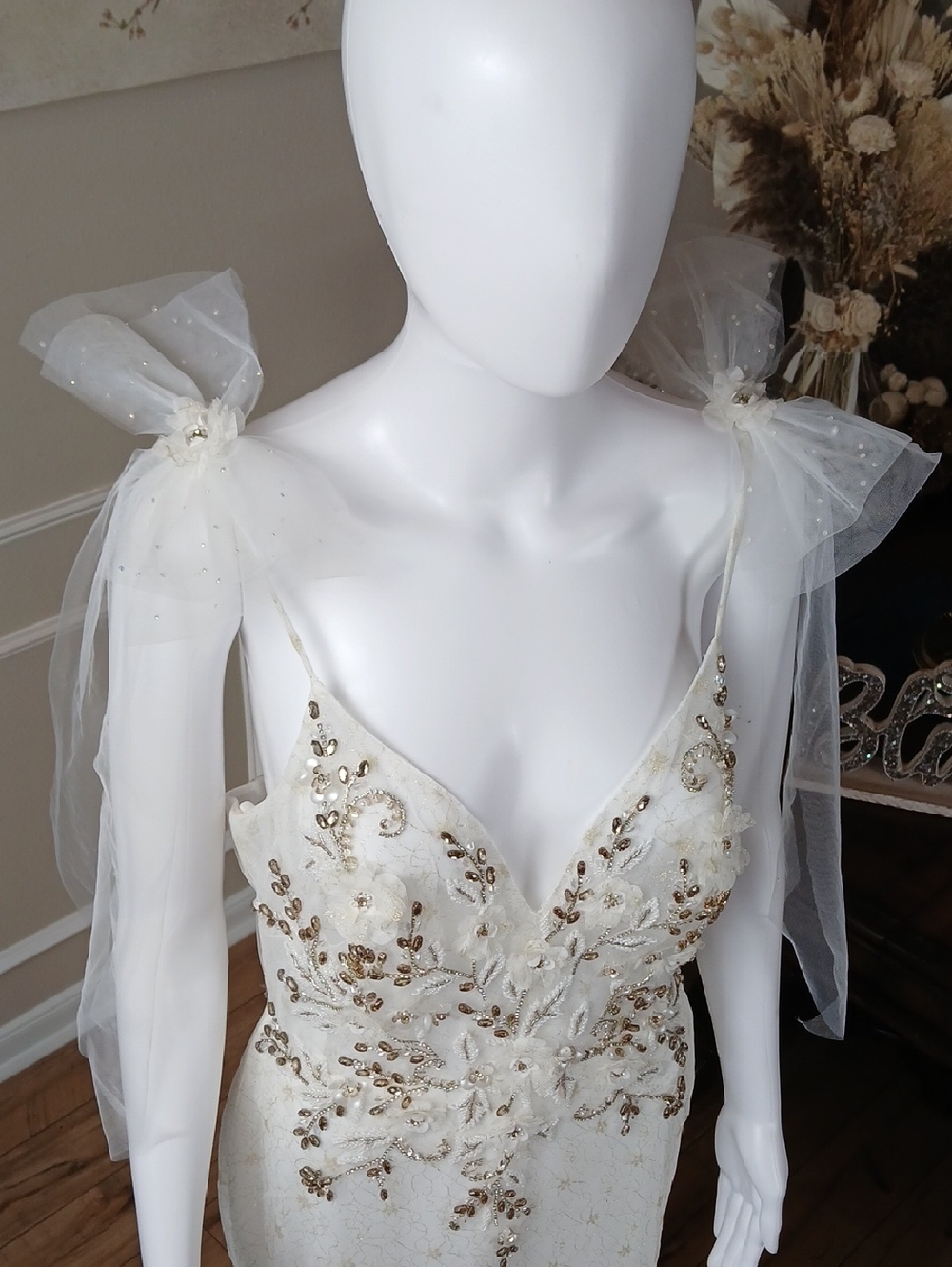 Mac Duggal White And Gold Crystals Tulle Bridal Mermaid Gown with Bow Straps - Picture 5 of 16
